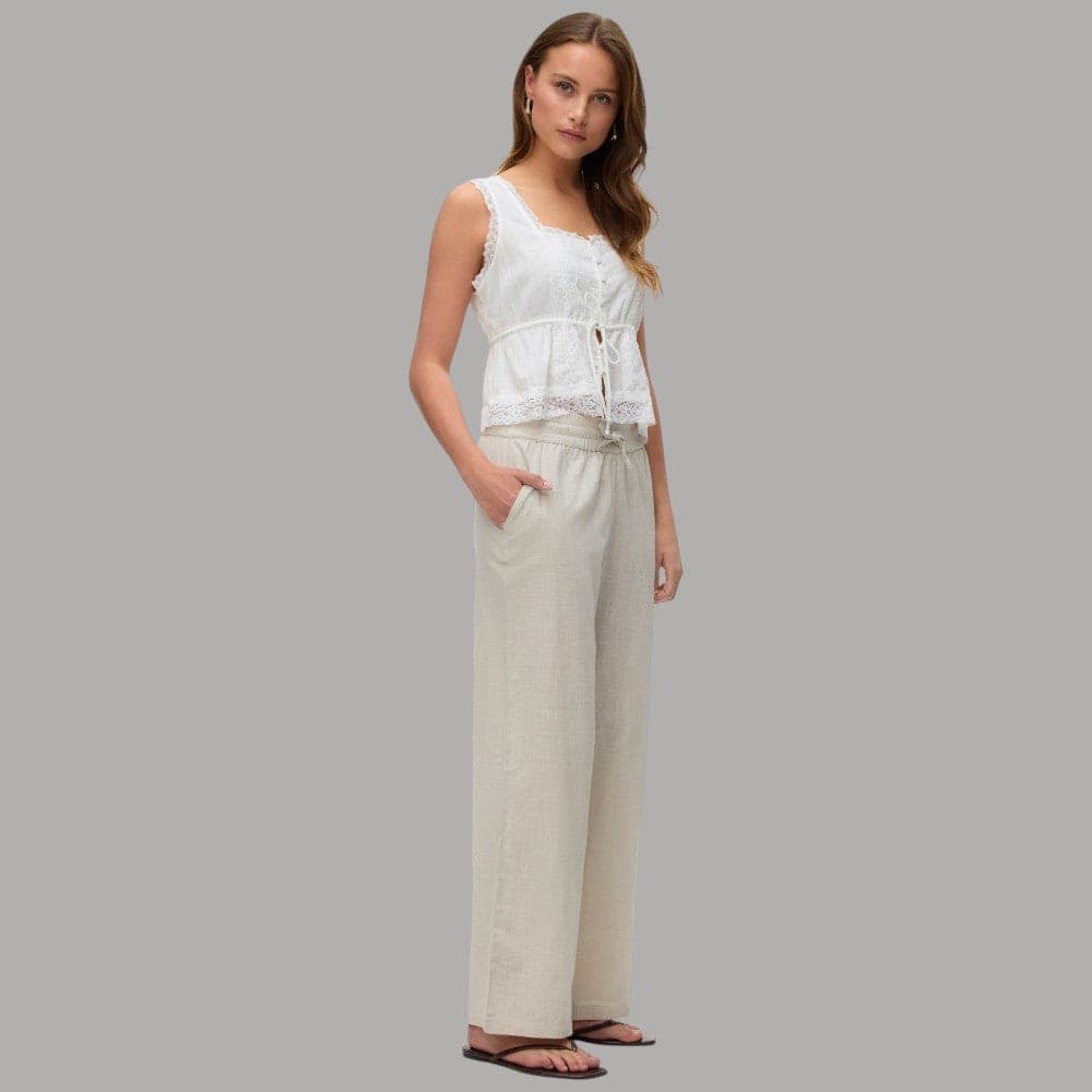 Vero Moda Pantaloni Wide Leg Cotton Linen Vita Medio Elasticizzata - 3