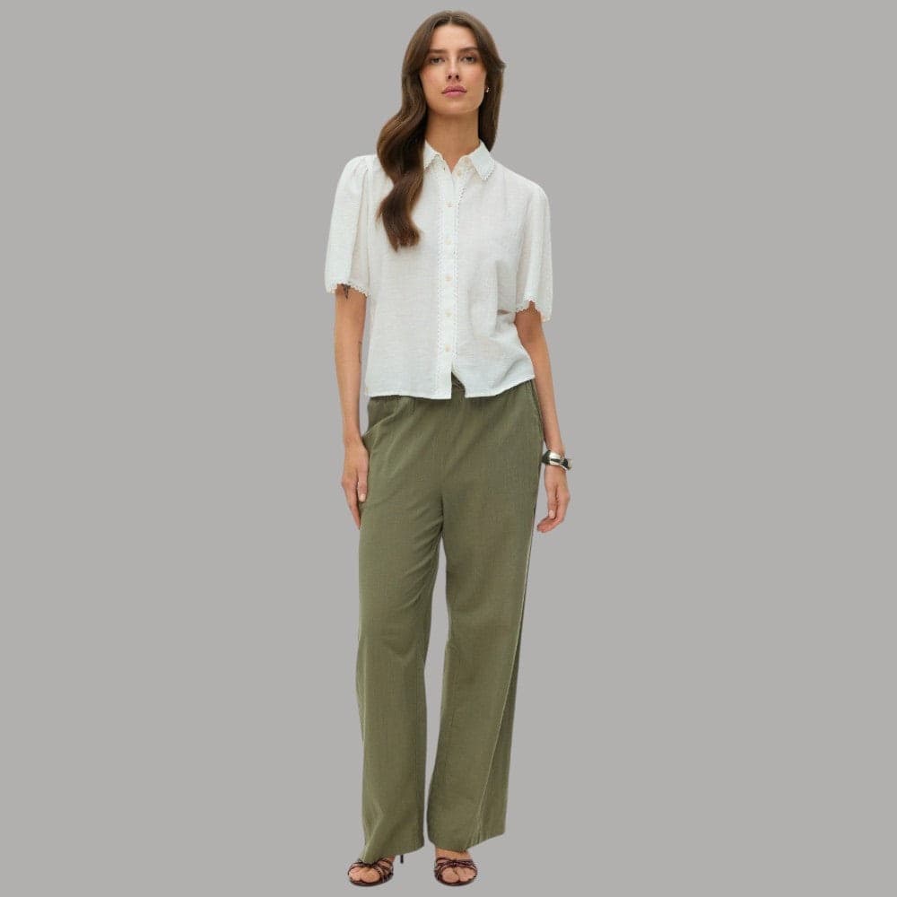 Vero Moda Pantaloni Wide Leg Cotton Linen Vita Medio Elasticizzata - 8