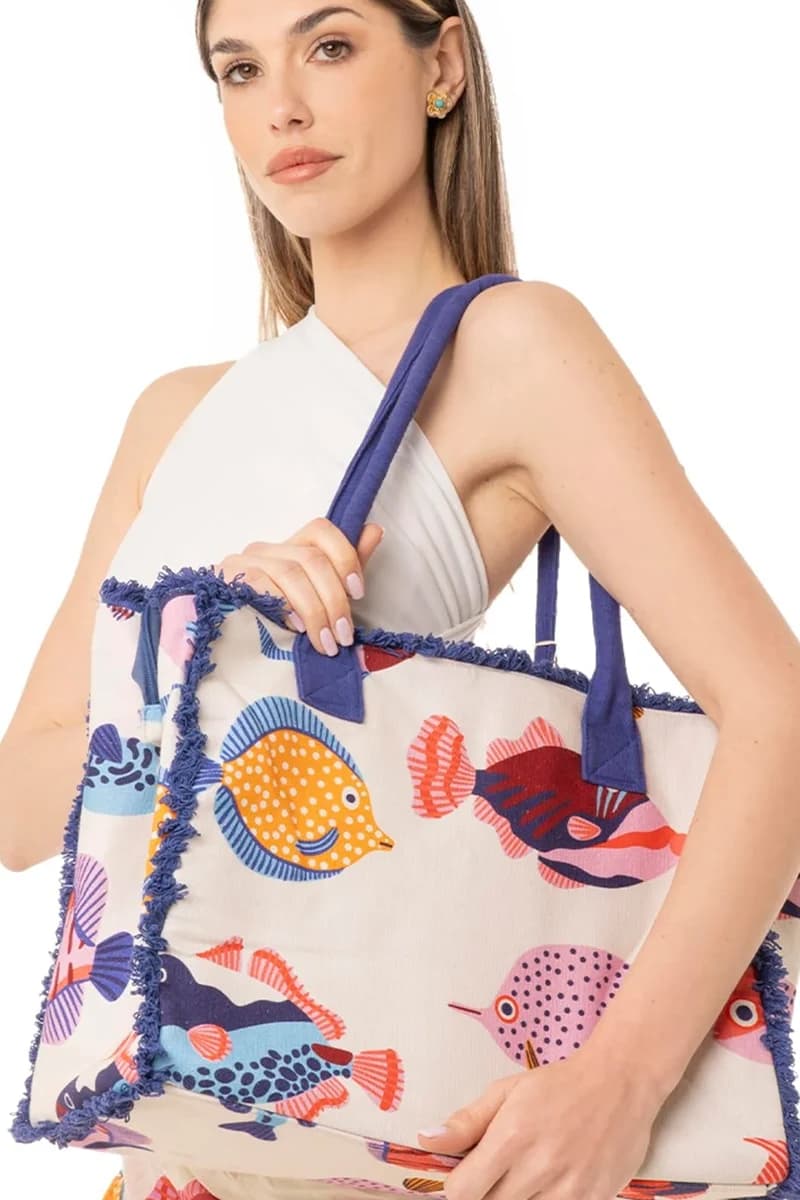 Borsa mare in cotone stampa pesciolini | MYA ACCESSORIES - 3