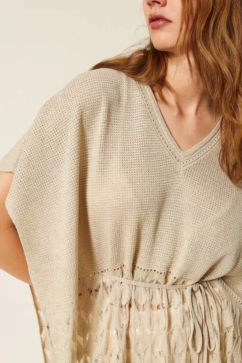 Cappa in maglia crochet con coulisse | TWINSET - 3