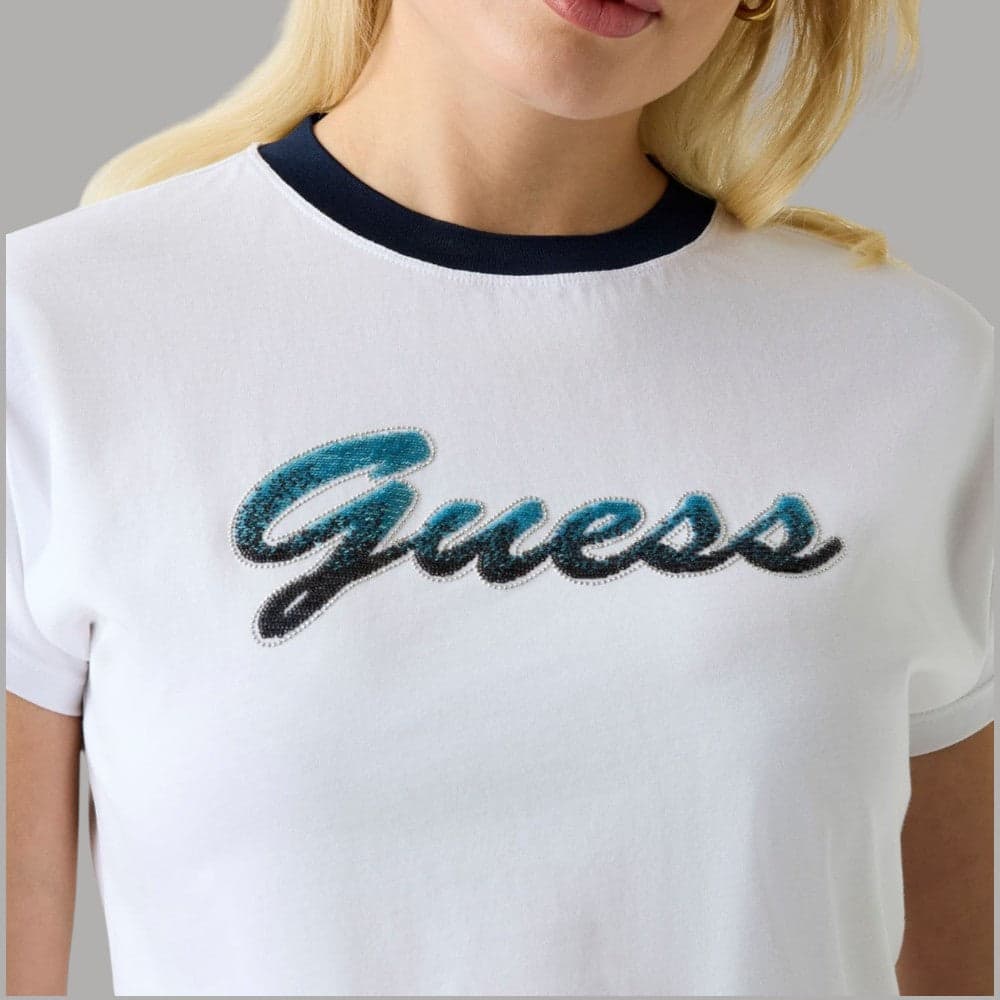 T-shirt Guess Cotone con Logo Paillettes, Maniche Corte - 4