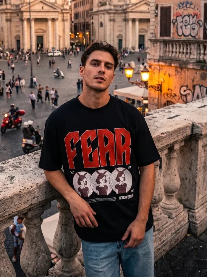 T-Shirt Nera 220gr Fear Oversize Cotone Made in Italy - 2