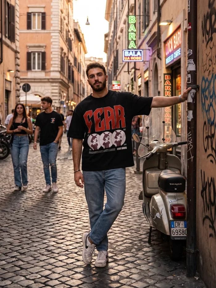 T-Shirt Nera 220gr Fear Oversize Cotone Made in Italy - 4