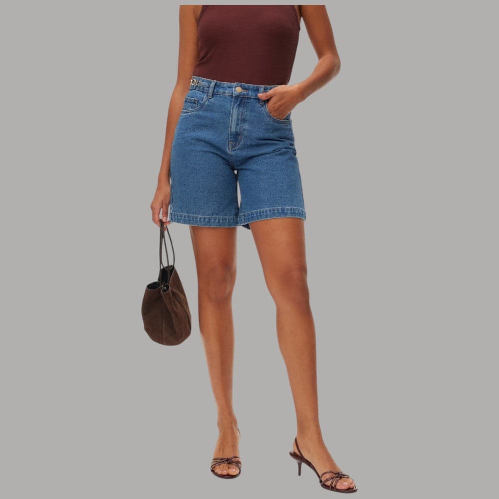 Vero Moda Bermuda Jeans Vita Alta con Catena Decorativa - 7