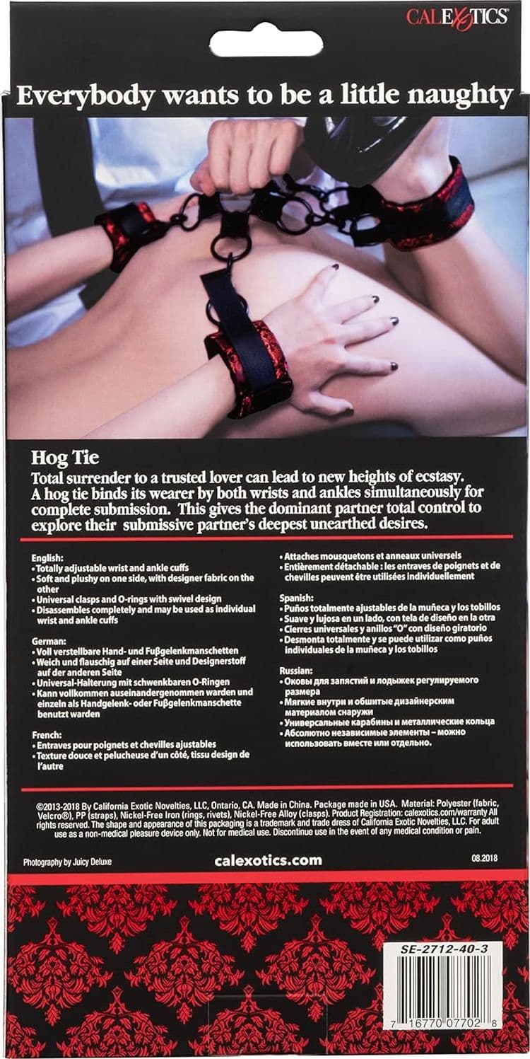 Scandal Hog Tie Set Bondage Rosso/Nero con Cuffs Morbide per Polsi e Caviglie - 7
