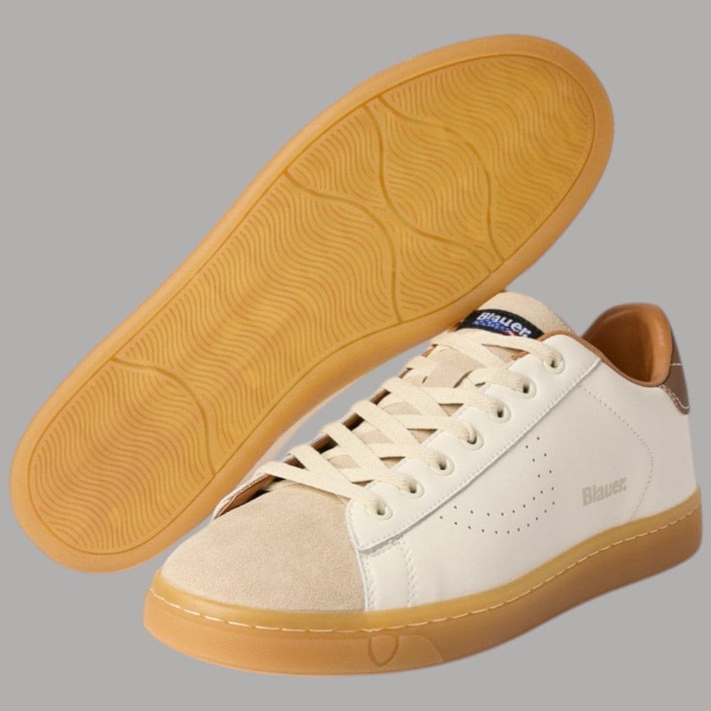 BLAUER Sneakers Uomo in Pelle e Suede Bianche con Suola Ambra - 6