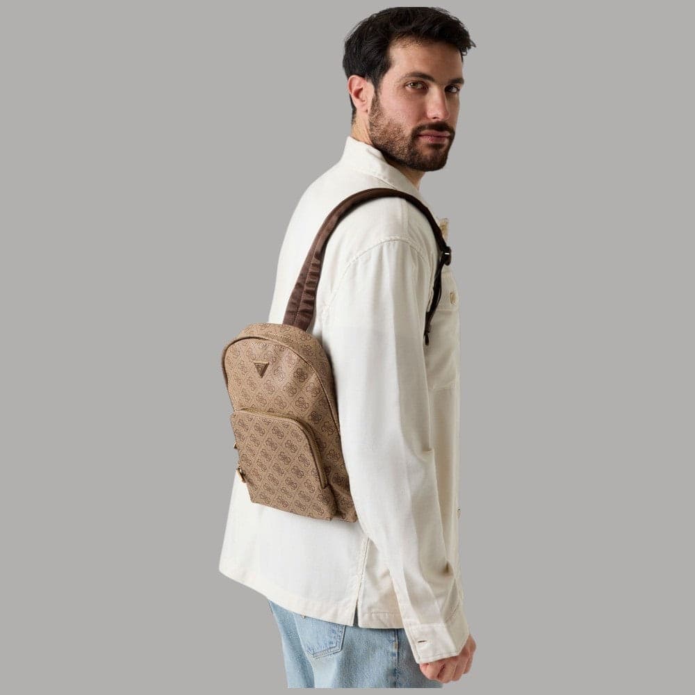 Guess zaino monospalla Milano similpelle logo dorato chiusura zip beige - 2