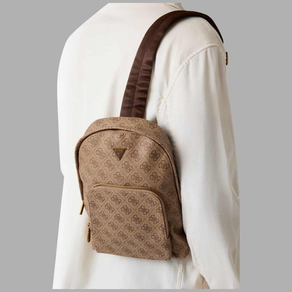 Guess zaino monospalla Milano similpelle logo dorato chiusura zip beige - 3