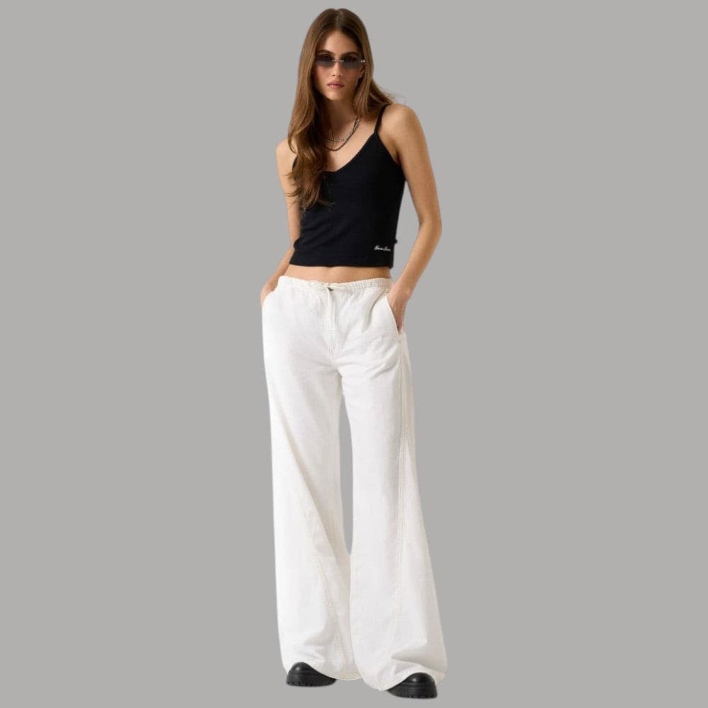 Pantalone Jogger Guess GJ Bianco con Vita Alta e Taglio Palazzo - 2