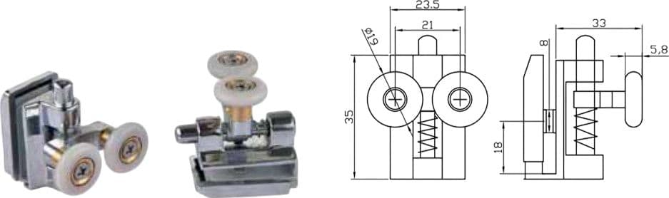 Coppia Cuscinetti Doppia Ruota Attacco Superiore Metallo Cromato Box Doccia – Ø20 mm – Foro 9 mm