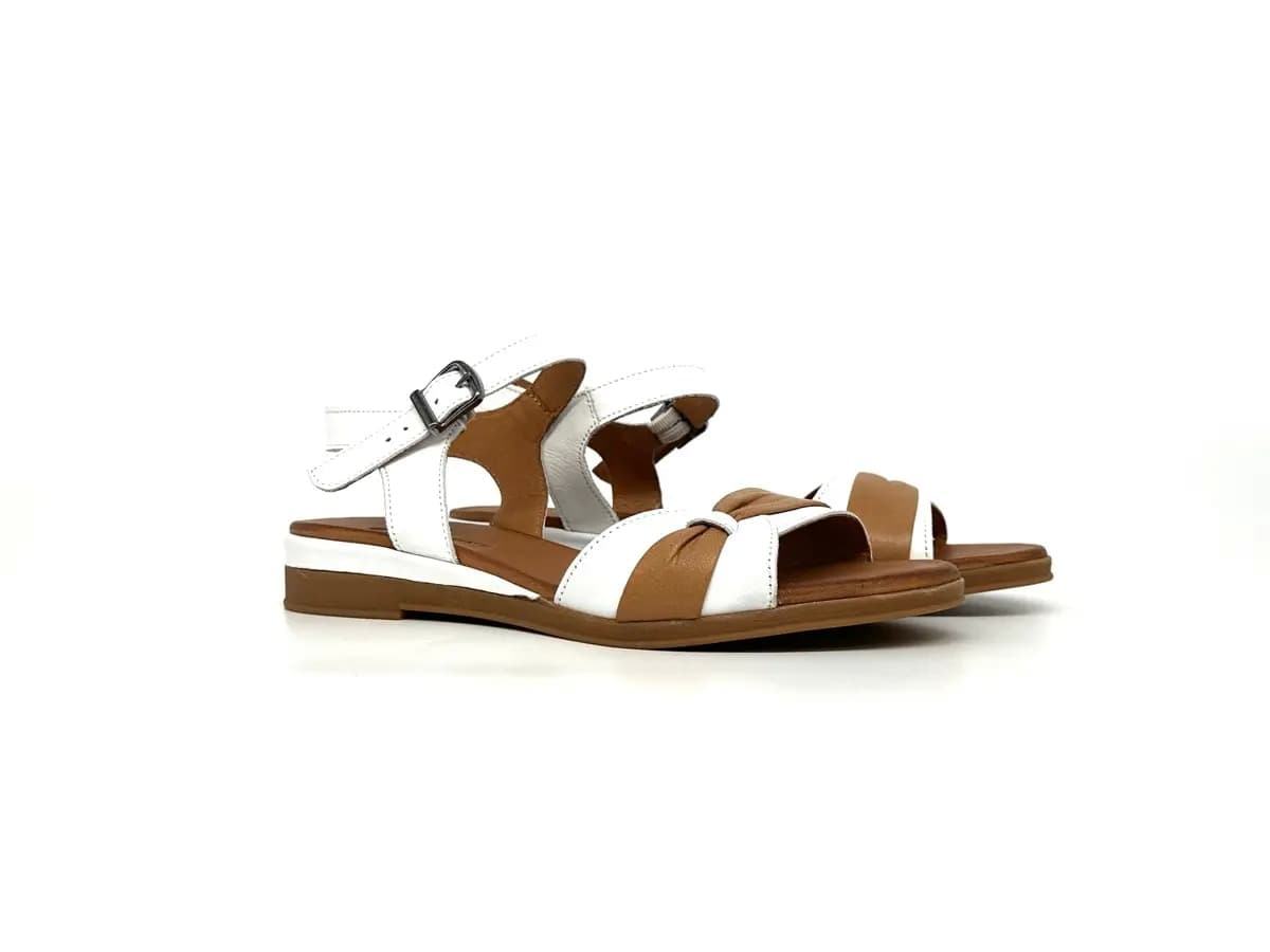Sandali donna Daphne in pelle bicolore cuoio e bianco con cinturino regolabile - 3