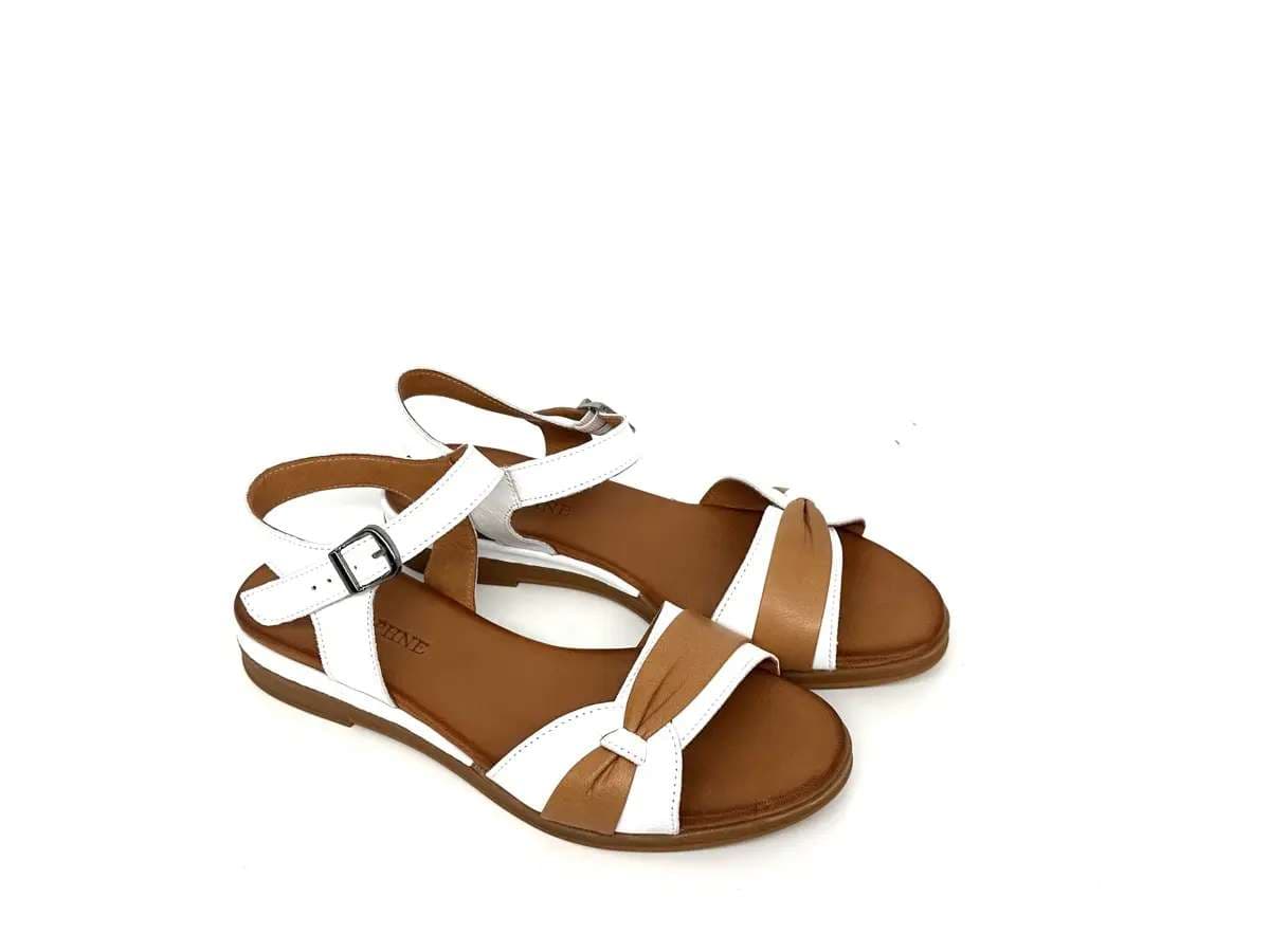 Sandali donna Daphne in pelle bicolore cuoio e bianco con cinturino regolabile - 4