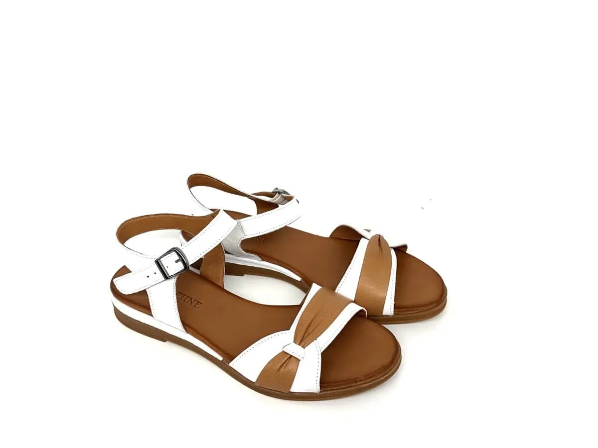 Sandali donna Daphne in pelle bicolore cuoio e bianco con cinturino regolabile - 4