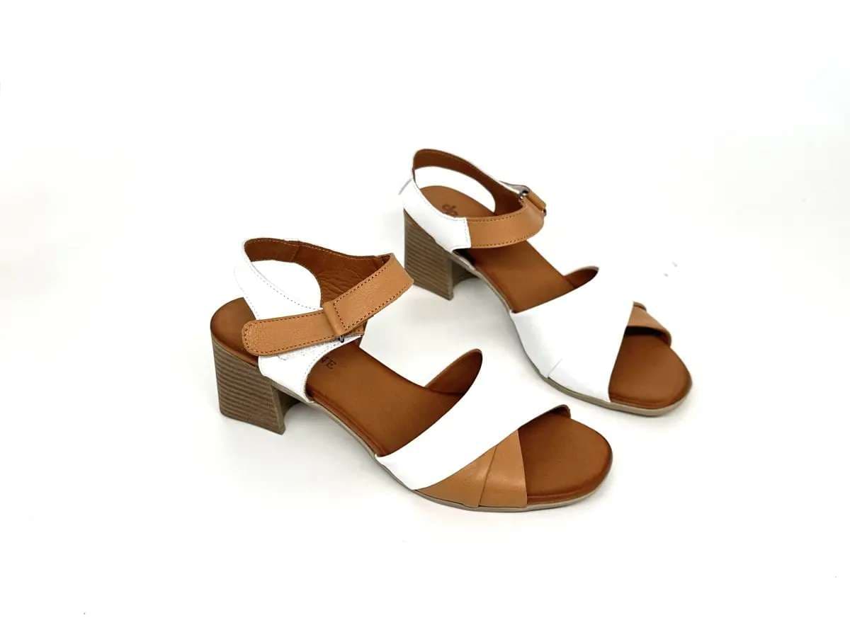 Sandali donna Daphne in pelle bicolore cuoio e bianco con tacco medio - 2