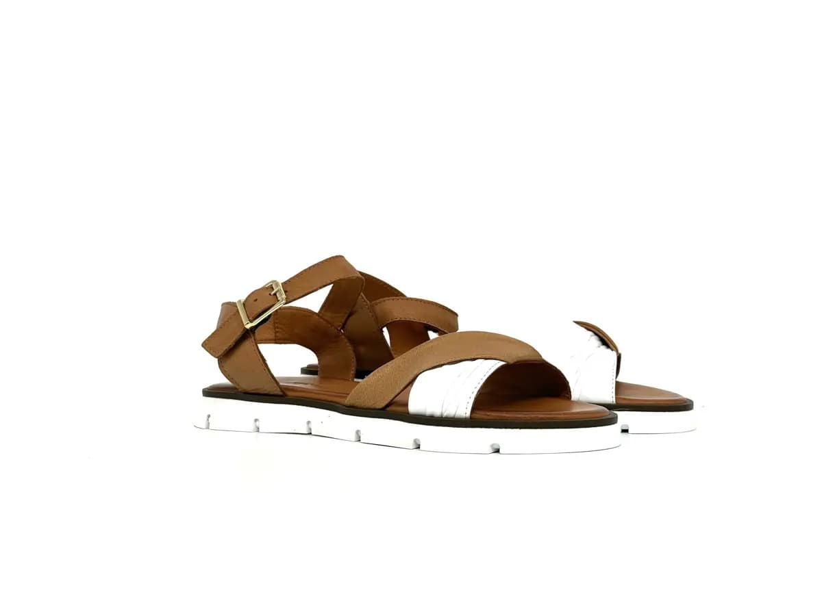 Sandali donna Daphne in pelle bicolore cuoio e bianco con cinturino alla caviglia - 6