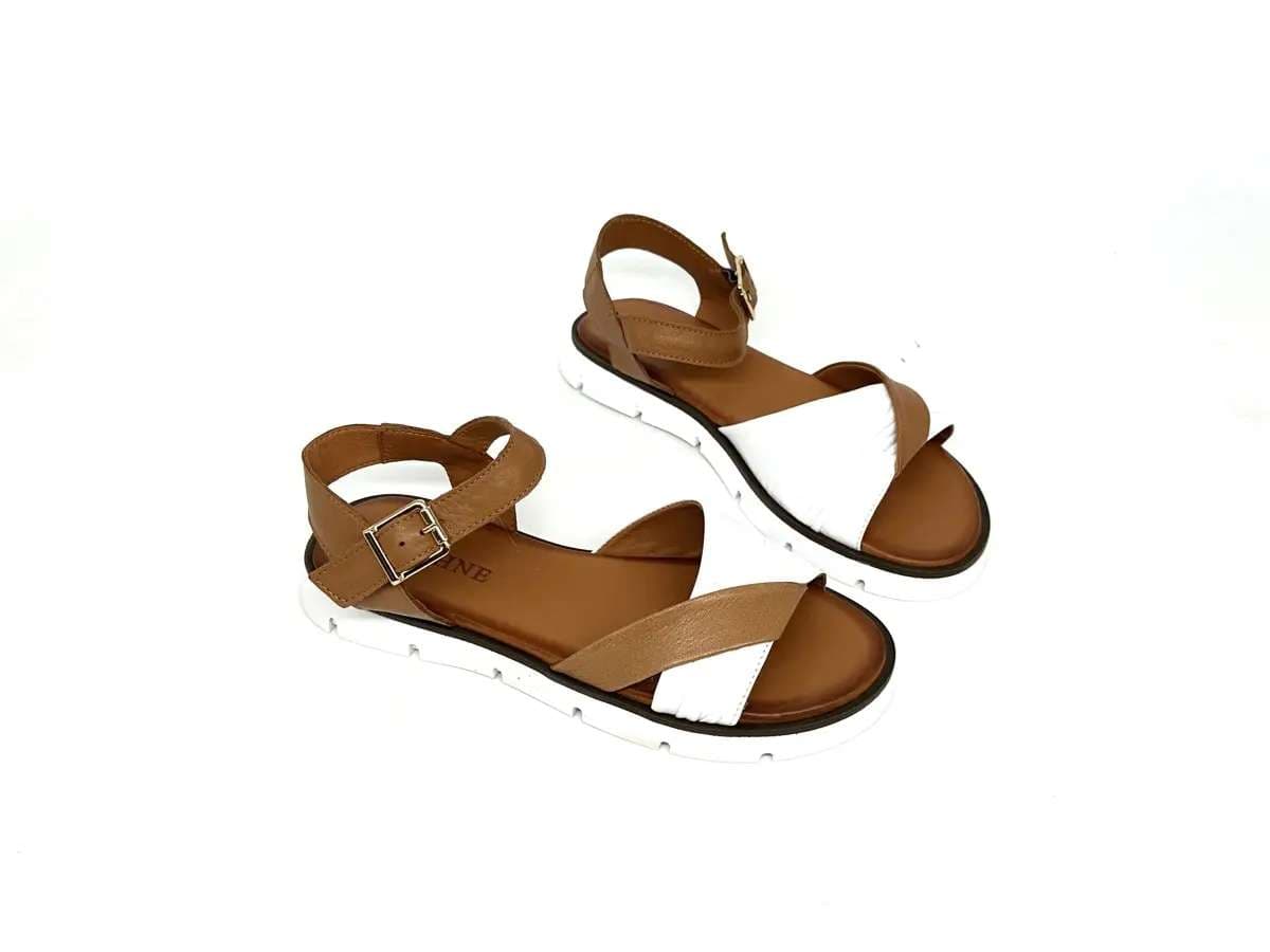 Sandali donna Daphne in pelle bicolore cuoio e bianco con cinturino alla caviglia - 2
