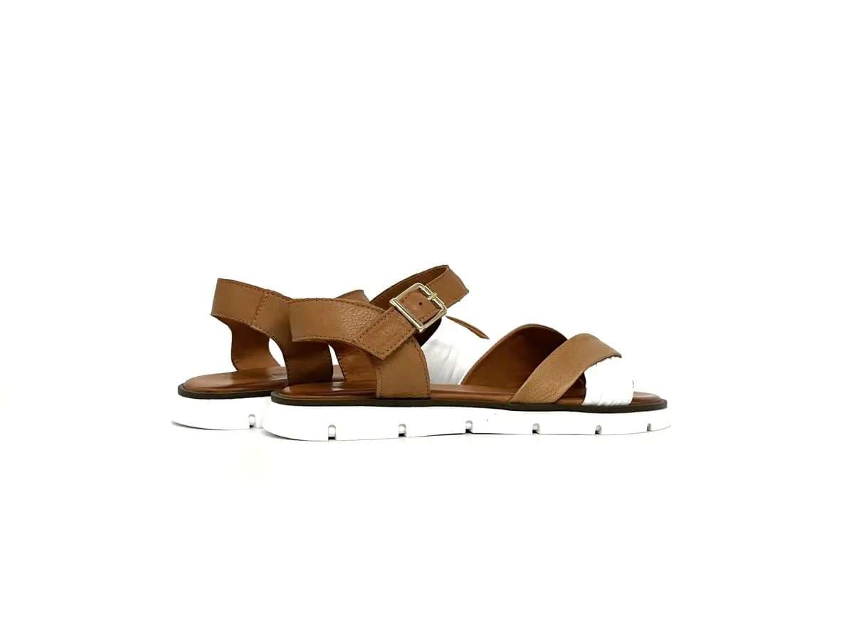 Sandali donna Daphne in pelle bicolore cuoio e bianco con cinturino alla caviglia - 3