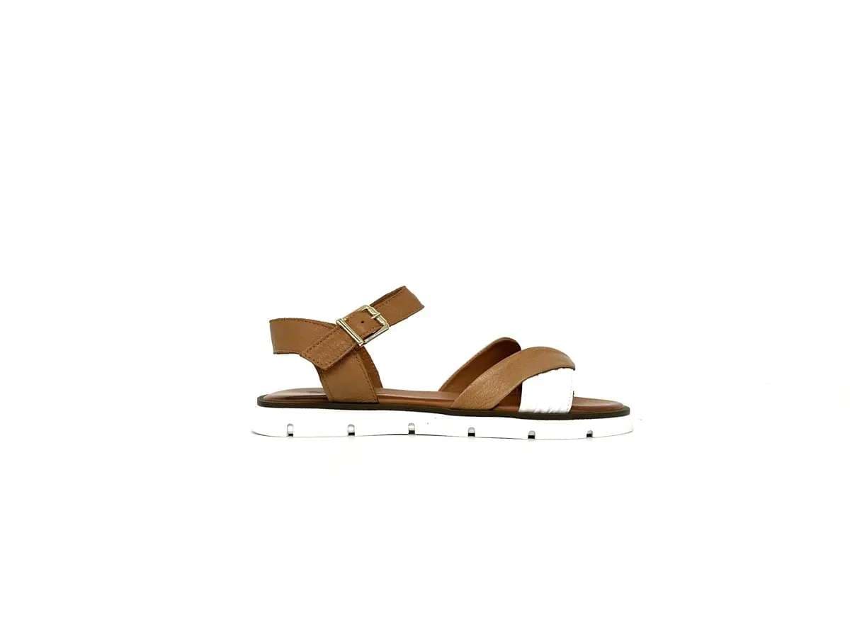 Sandali donna Daphne in pelle bicolore cuoio e bianco con cinturino alla caviglia - 4