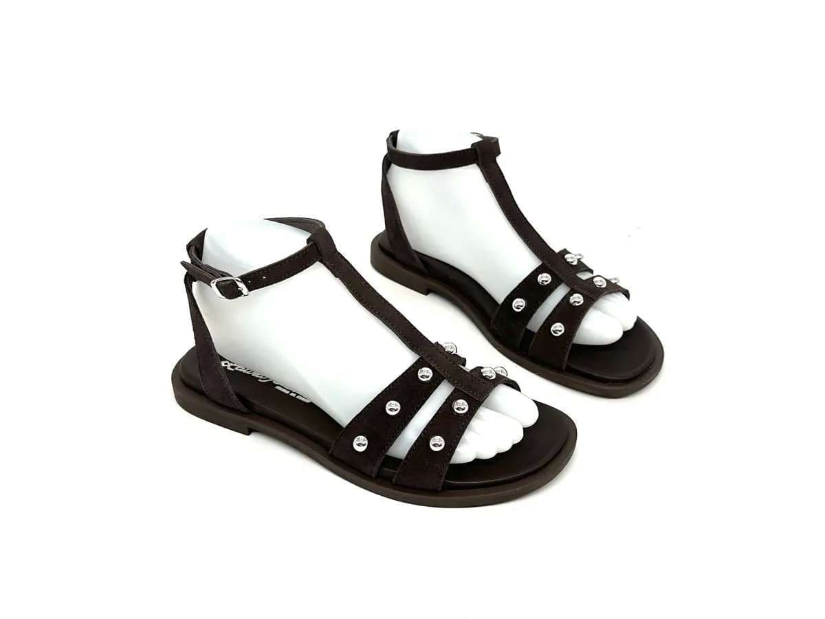 Laura Bizzarri sandali donna pelle testa di moro borchie tacco basso comfort - 4