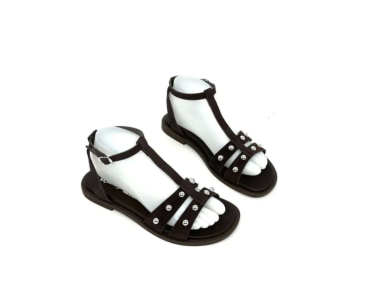 Laura Bizzarri sandali donna pelle testa di moro borchie tacco basso comfort - 5