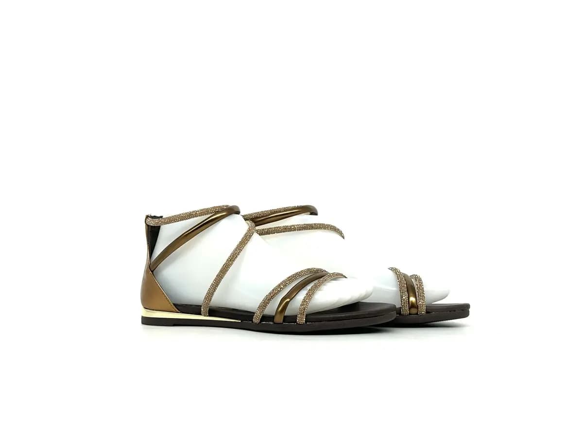 Laura Bizzarri sandali donna pelle laminata bronzo strass tacco basso elegante - 7