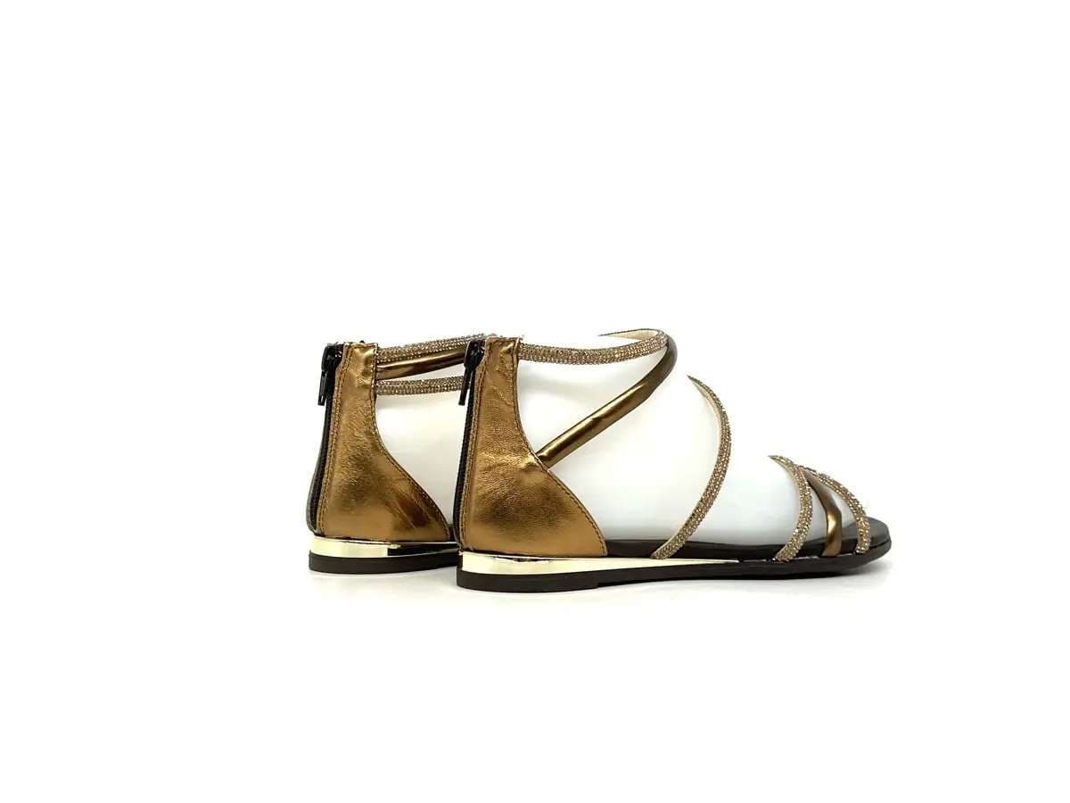 Laura Bizzarri sandali donna pelle laminata bronzo strass tacco basso elegante - 2