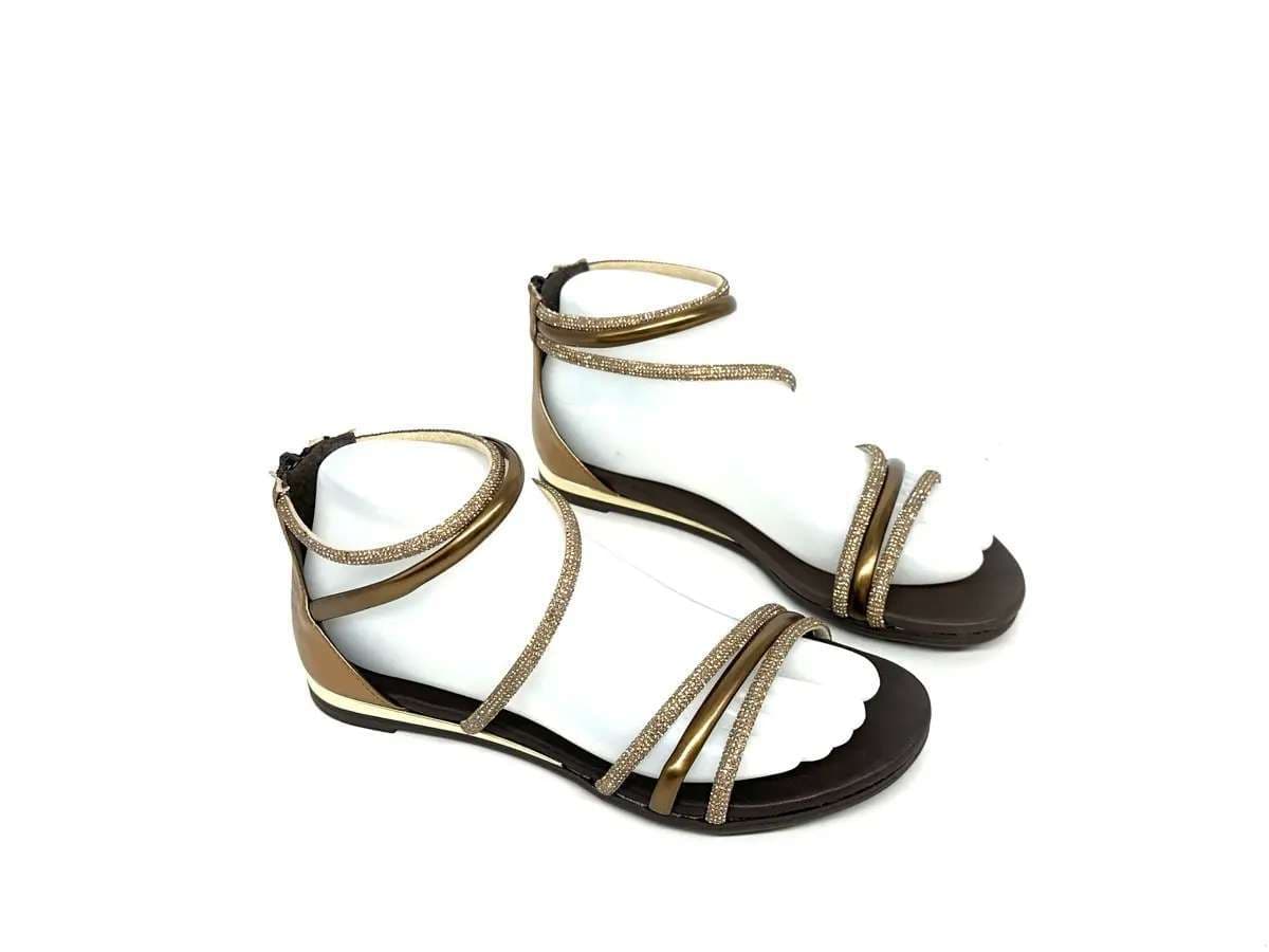 Laura Bizzarri sandali donna pelle laminata bronzo strass tacco basso elegante - 3