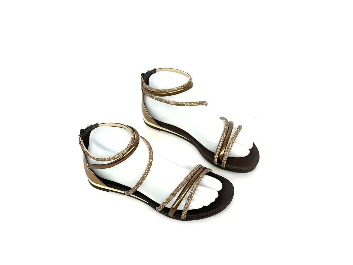 Laura Bizzarri sandali donna pelle laminata bronzo strass tacco basso elegante - 4