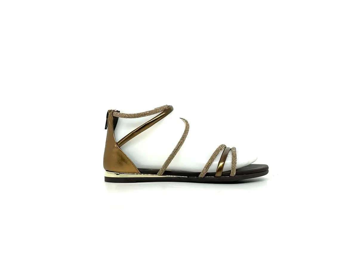 Laura Bizzarri sandali donna pelle laminata bronzo strass tacco basso elegante - 5