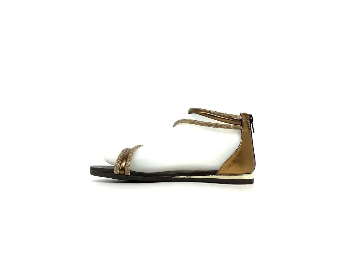 Laura Bizzarri sandali donna pelle laminata bronzo strass tacco basso elegante - 6
