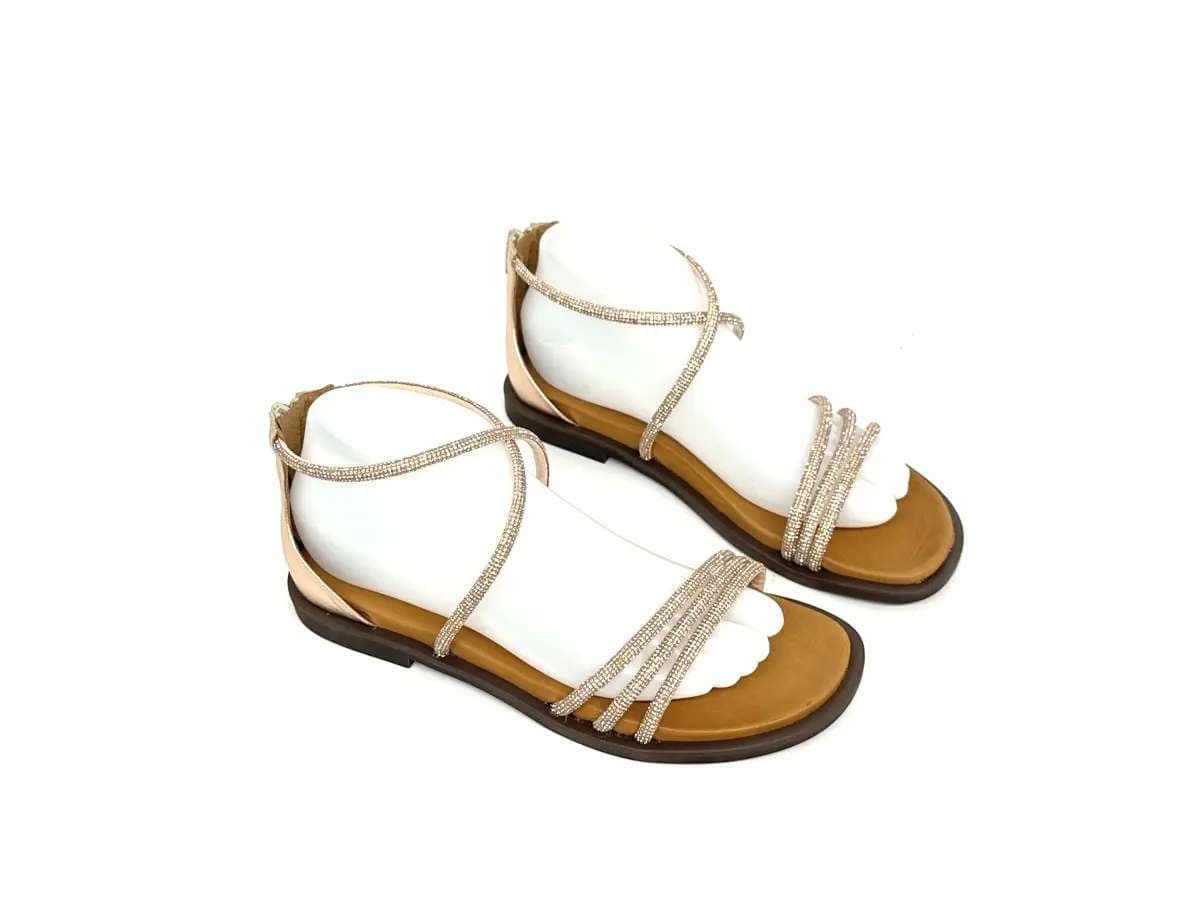 Laura Bizzarri sandali donna pelle laminata rame strass tacco basso elegante - 3