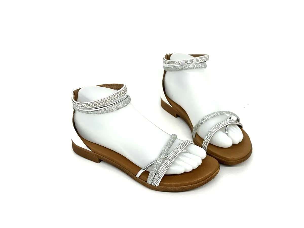 Laura Bizzarri sandali infradito donna pelle bianca laminato argento strass tacco basso - 3