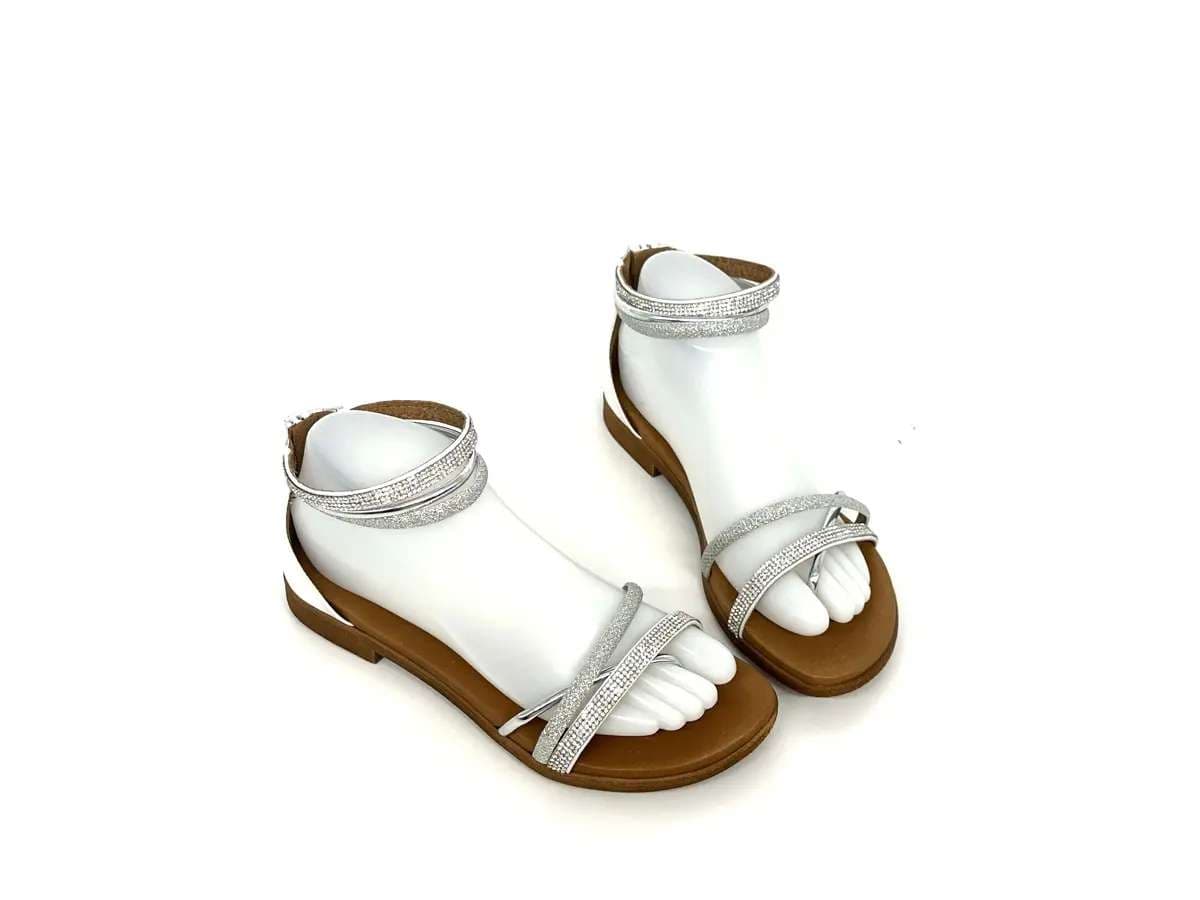 Laura Bizzarri sandali infradito donna pelle bianca laminato argento strass tacco basso - 4
