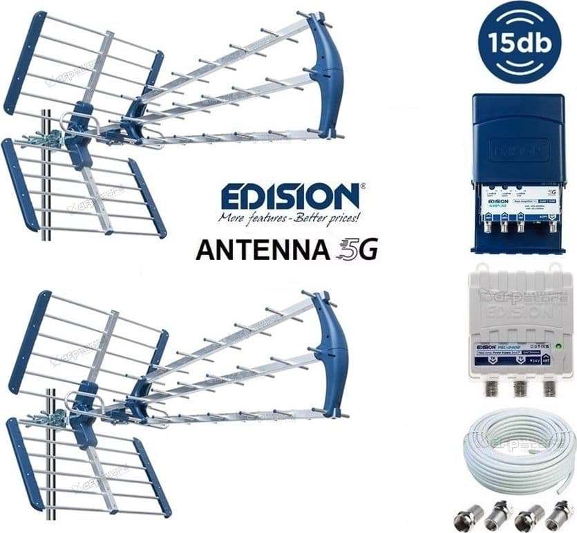 Kit Antenna TV DVB-T2 UHF Esterna Digitale Terrestre Con Amplificatore da Palo