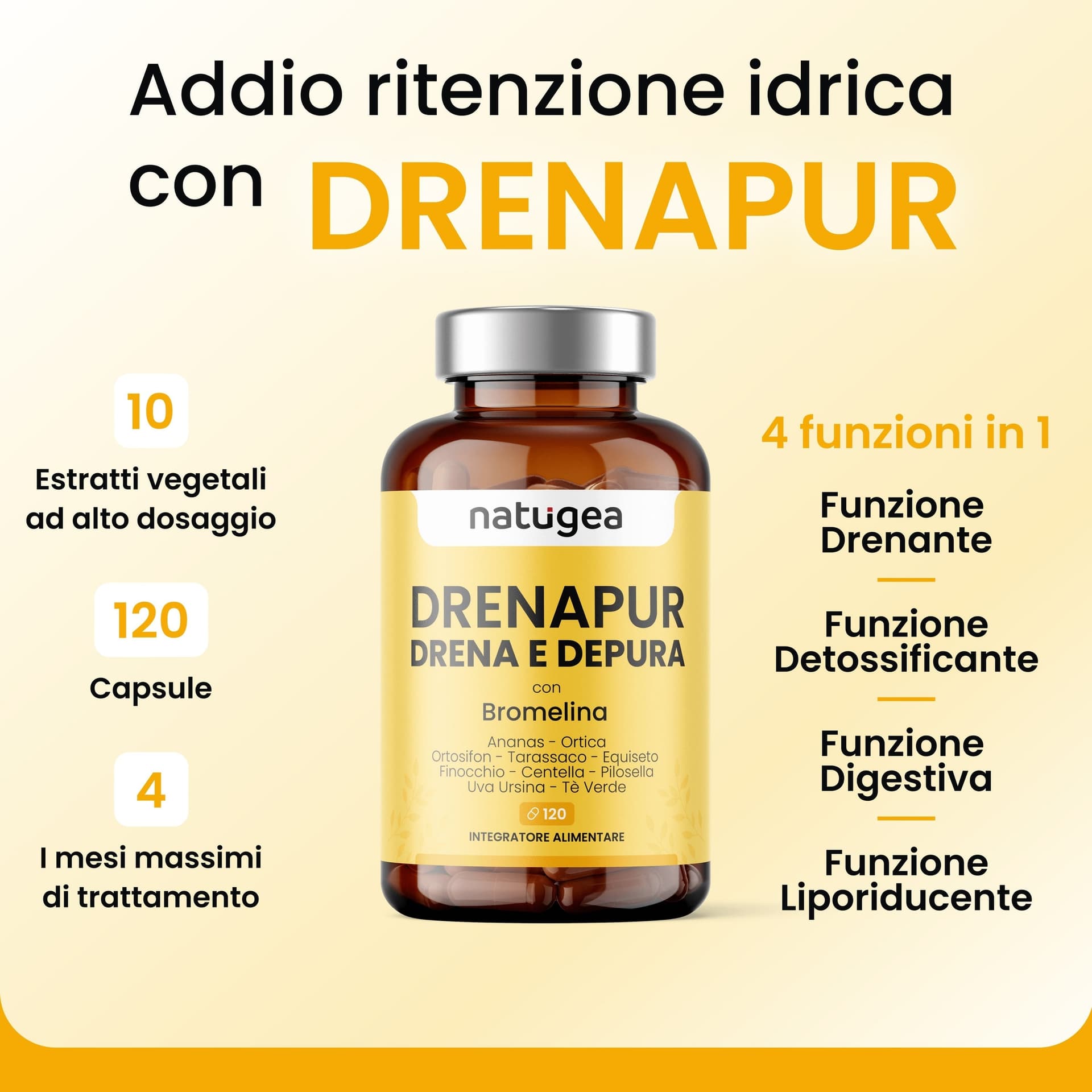 Integratore Drenante Naturale – Ananas, Centella, Ortosifon e Tarassaco – Drenaggio Liquidi e Cellulite – 120 Cps - 4