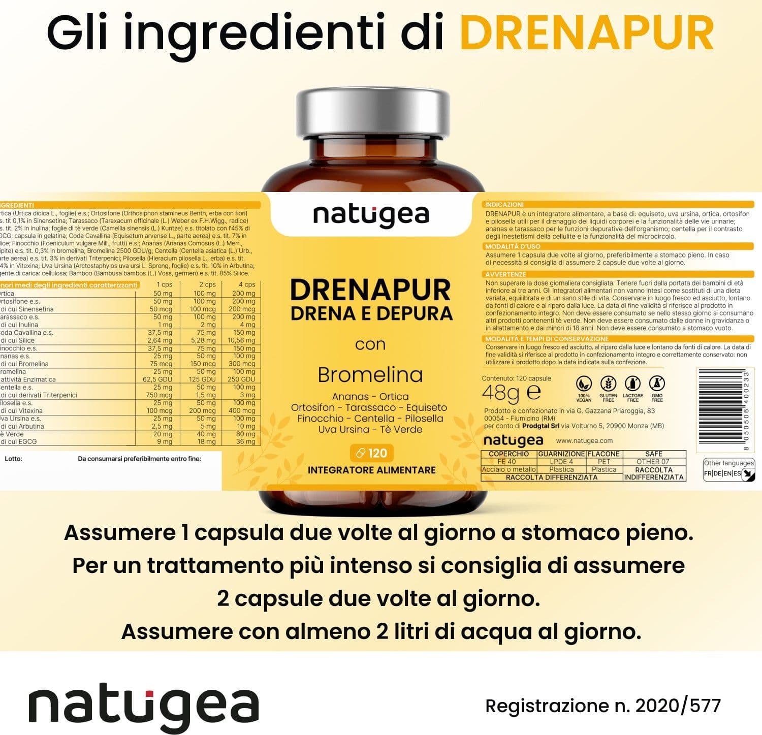 Integratore Drenante Naturale – Ananas, Centella, Ortosifon e Tarassaco – Drenaggio Liquidi e Cellulite – 120 Cps - 6