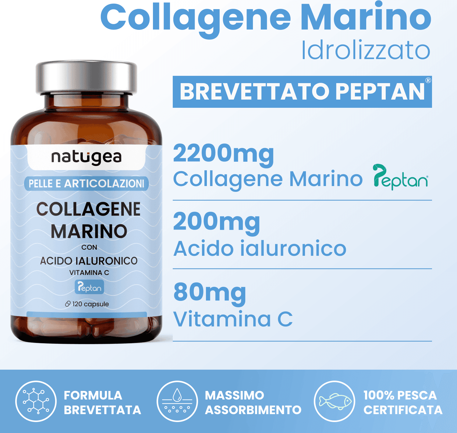 Collagene marino idrolizzato per pelle e articolazioni 2200mg – Peptan® Tipo 1 con Acido Ialuronico e Vitamina C - 2