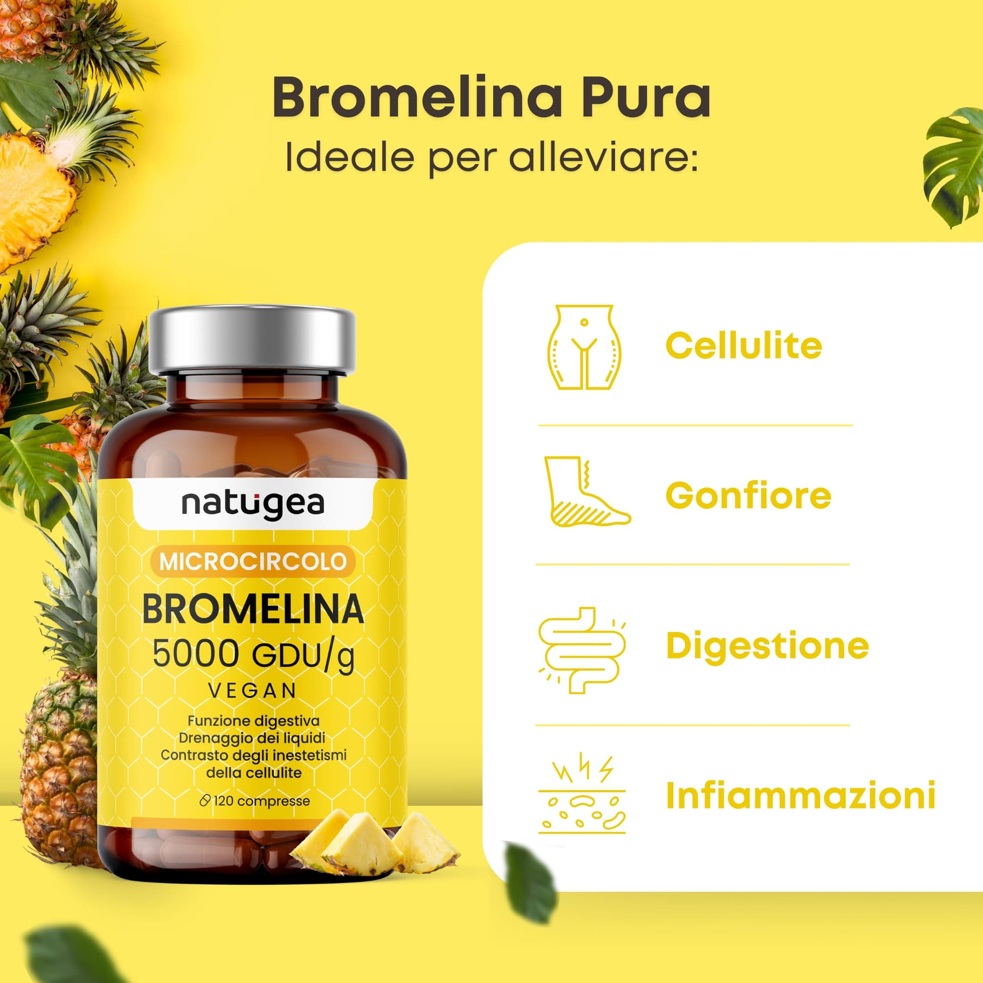 Bromelina 5000 GDU/g da Ananas – Drenaggio Liquidi, Microcircolazione e Cellulite – 120 Compresse Vegane - 2