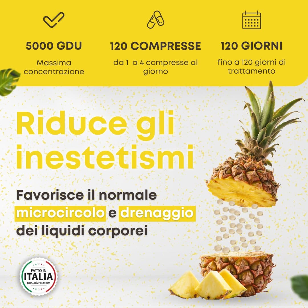 Bromelina 5000 GDU/g da Ananas – Drenaggio Liquidi, Microcircolazione e Cellulite – 120 Compresse Vegane - 3