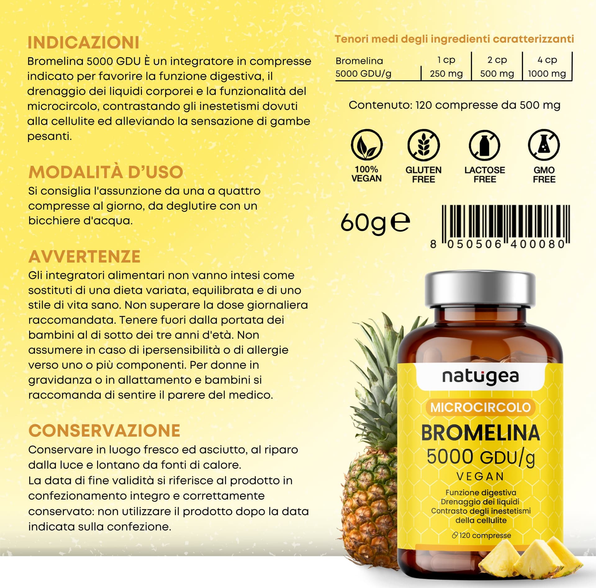 Bromelina 5000 GDU/g da Ananas – Drenaggio Liquidi, Microcircolazione e Cellulite – 120 Compresse Vegane - 7