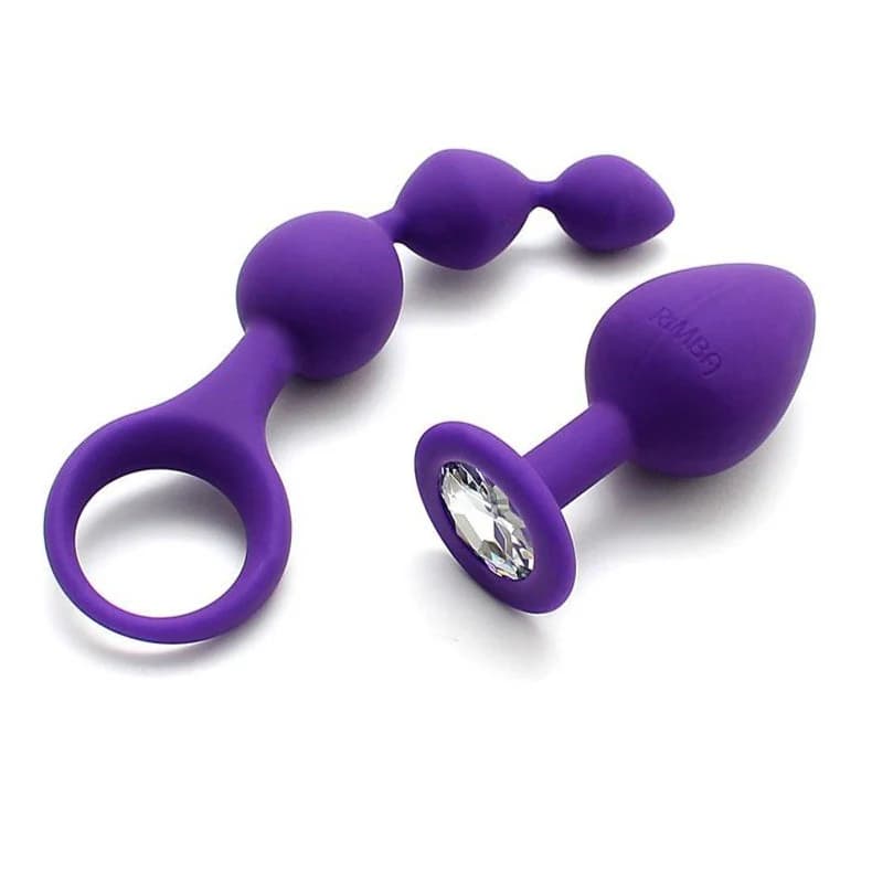 Barcelona Set plug anale con diamante e sonda con perle progressive viola morbido - 2