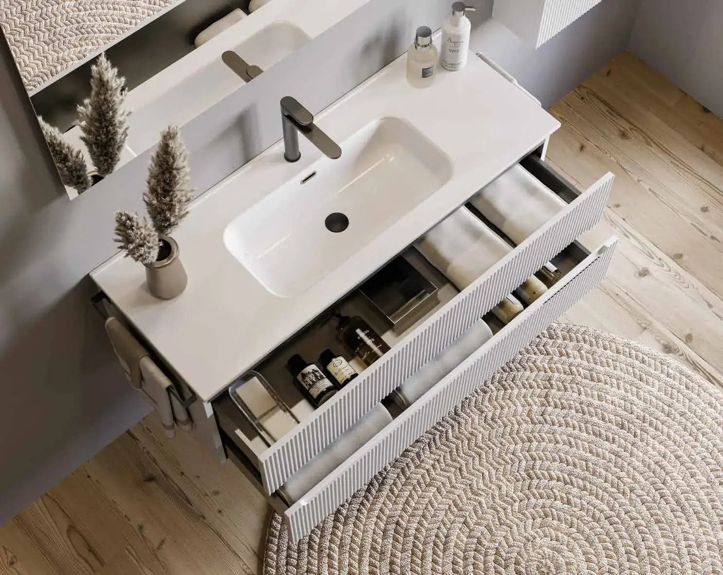 Mobile Bagno Sospeso 120 cm Bianco Neve con Lavabo in Ceramica e Specchio – Verso - 3