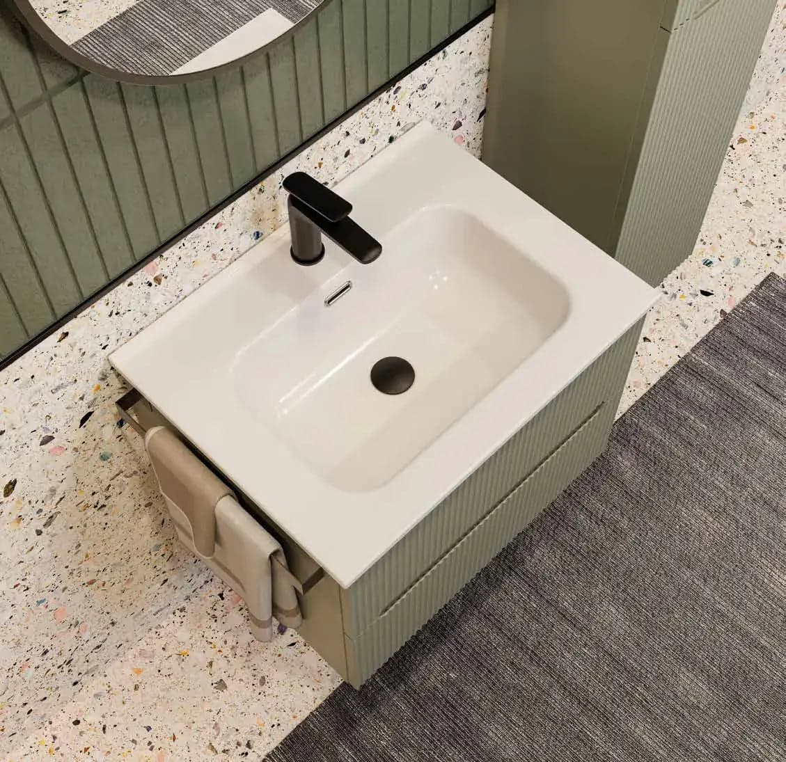 Mobile Bagno Sospeso 60 cm Verde Foresta con Lavabo in Ceramica e Specchio – Verso - 3