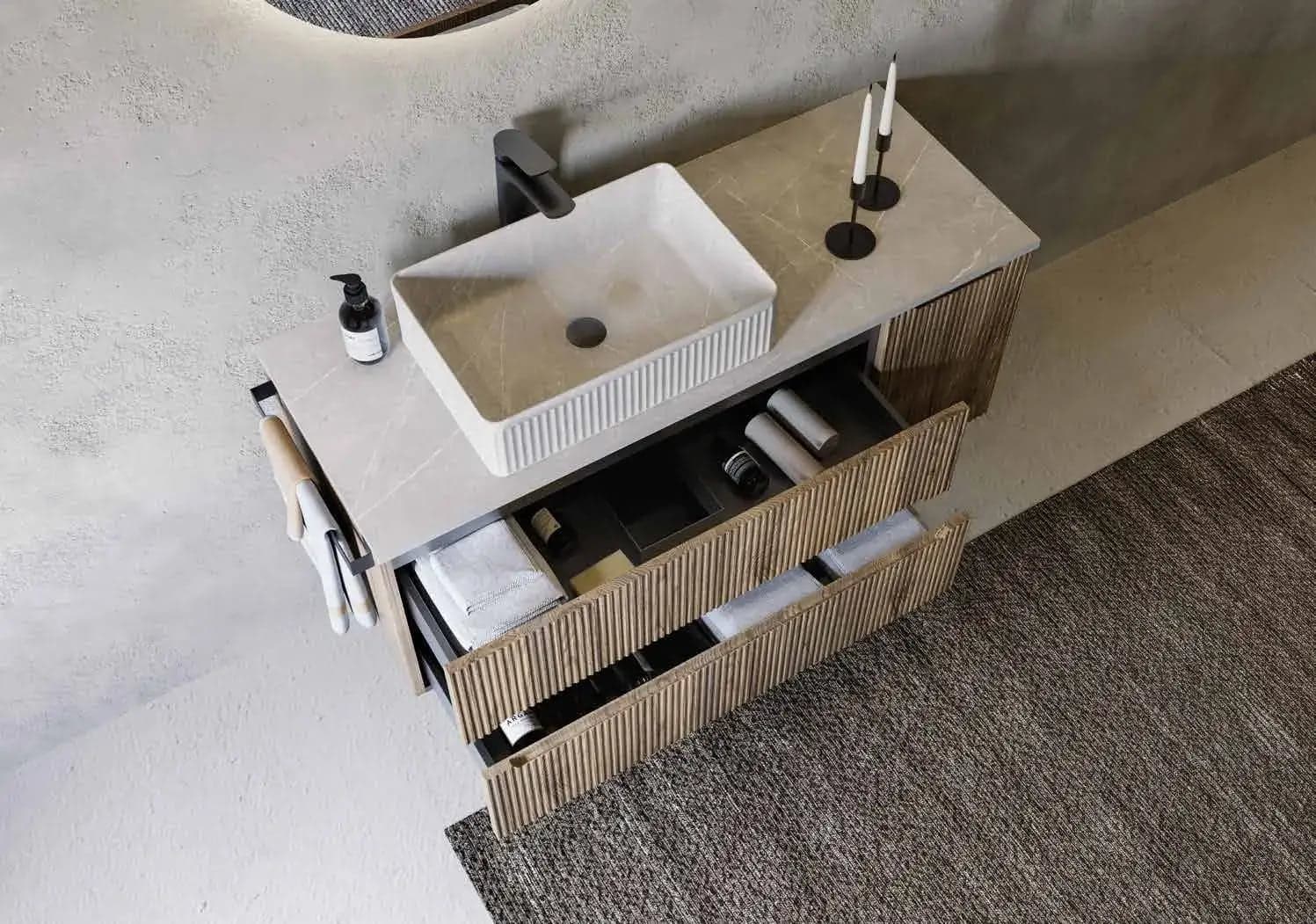Mobile Bagno Sospeso 120 cm Noce Bruno con Lavabo Effetto Marmo – Verso - 3