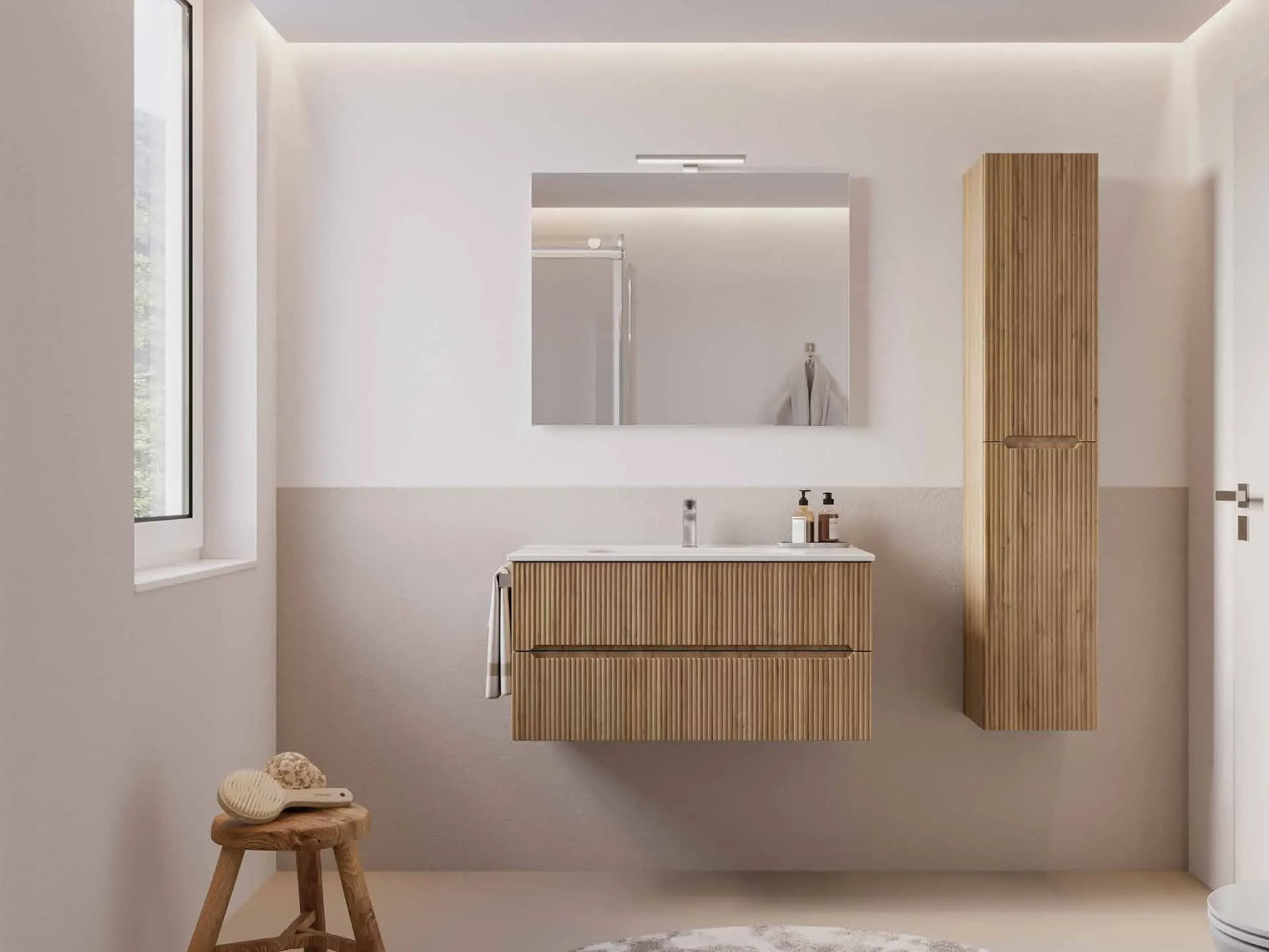 Mobile Bagno Sospeso 90 cm Rovere Chalet con Lavabo in Ceramica e Specchio – Verso