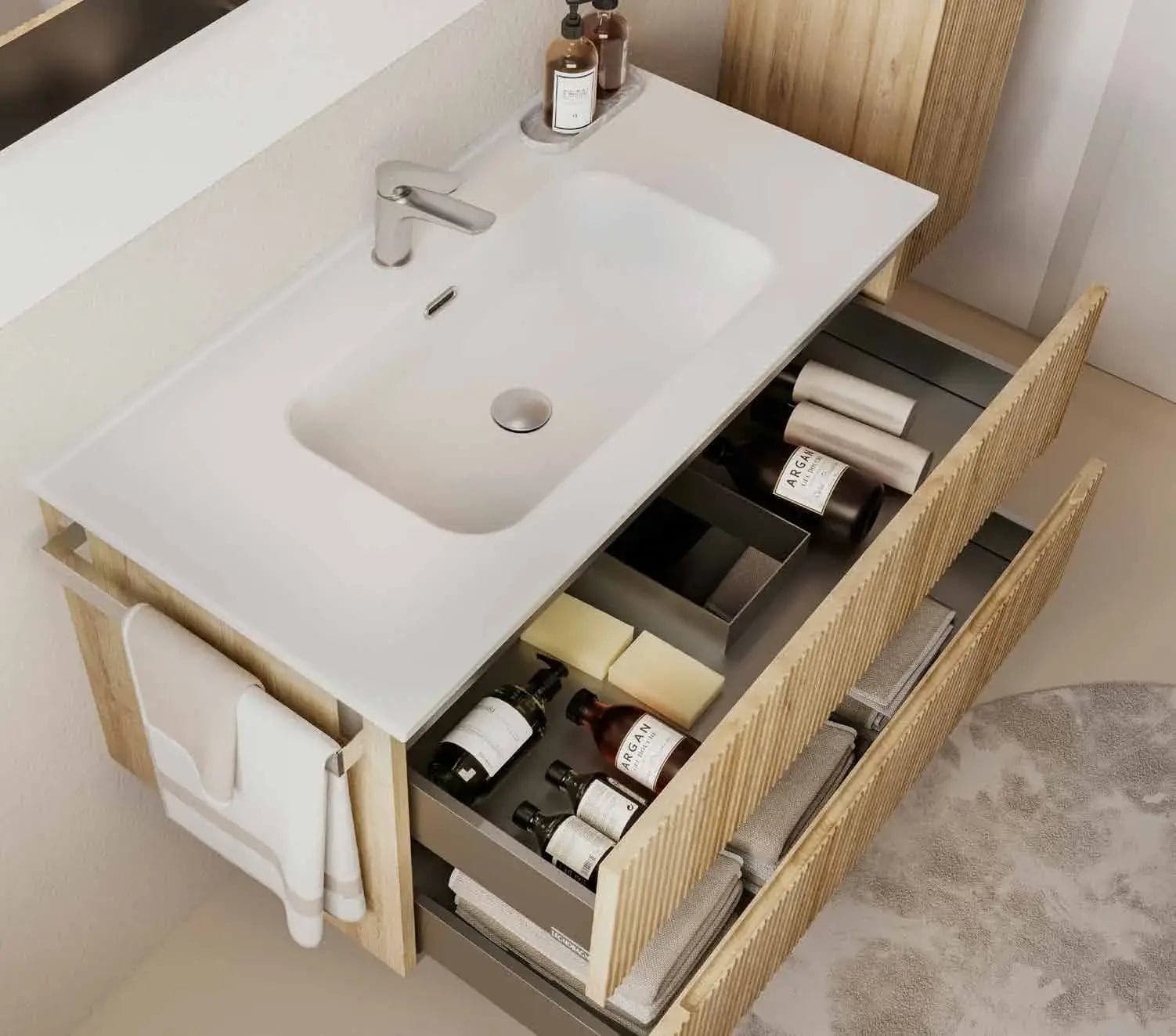 Mobile Bagno Sospeso 90 cm Rovere Chalet con Lavabo in Ceramica e Specchio – Verso - 2