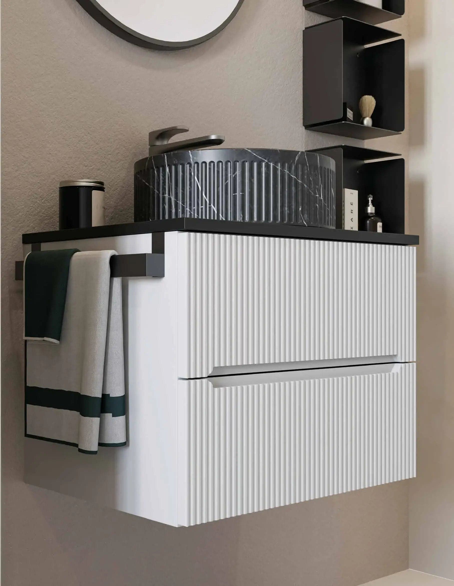 Mobile Bagno Sospeso 60 cm Bianco Neve con Lavabo Effetto Marmo – Verso - 2