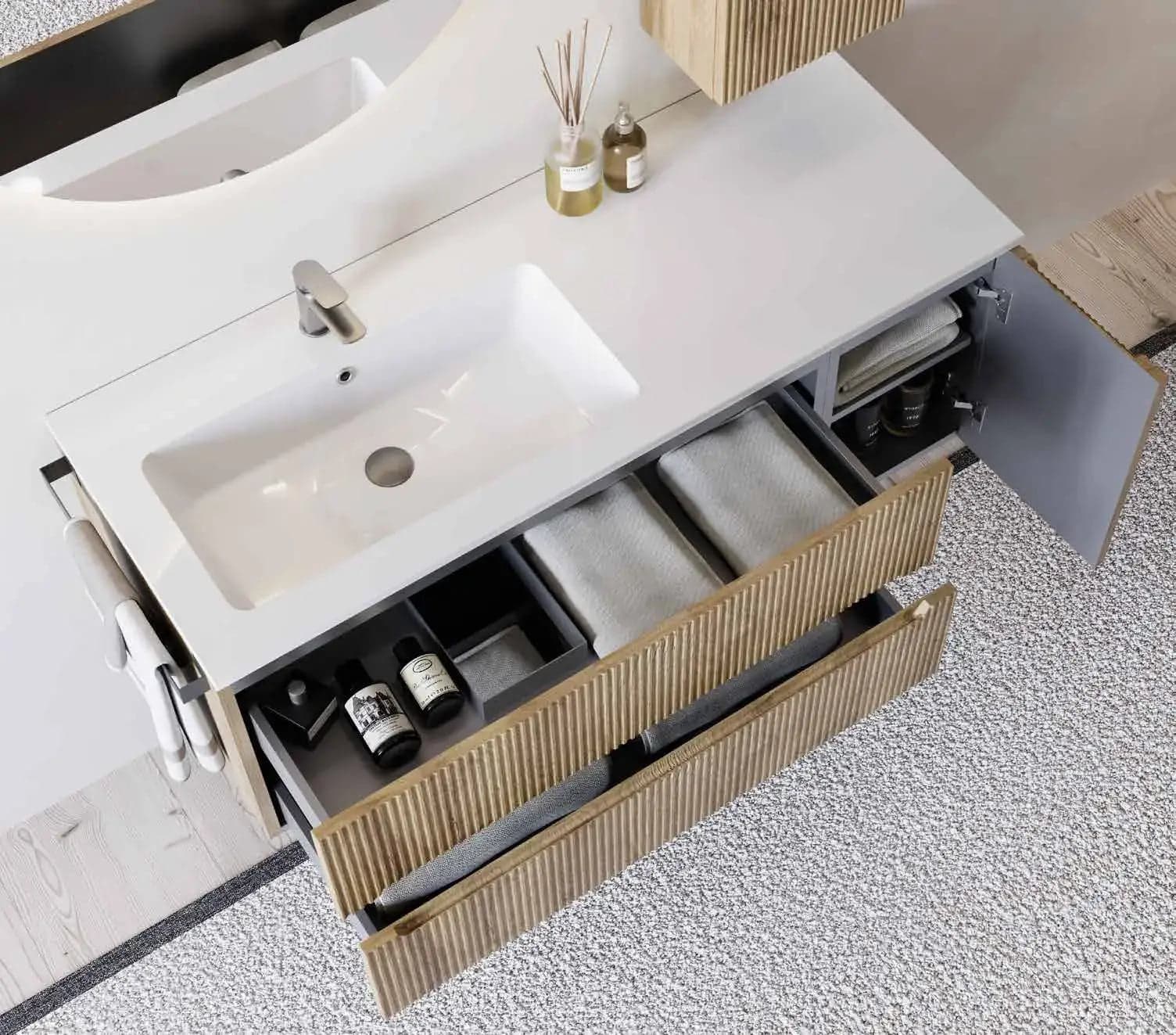 Mobile Bagno Cannettato Sospeso 120 cm Rovere Chalet con Lavabo in Mineralmarmo – Verso - 2