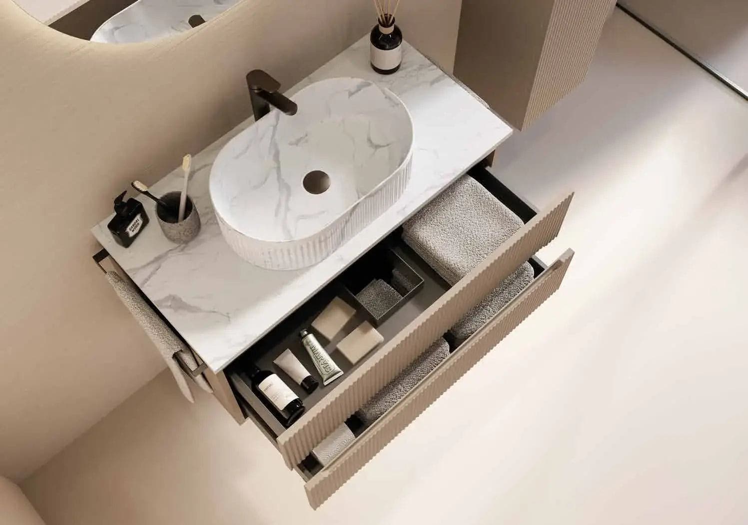 Mobile Bagno Sospeso 90 cm Creta con Lavabo Effetto Marmo – Verso - 3