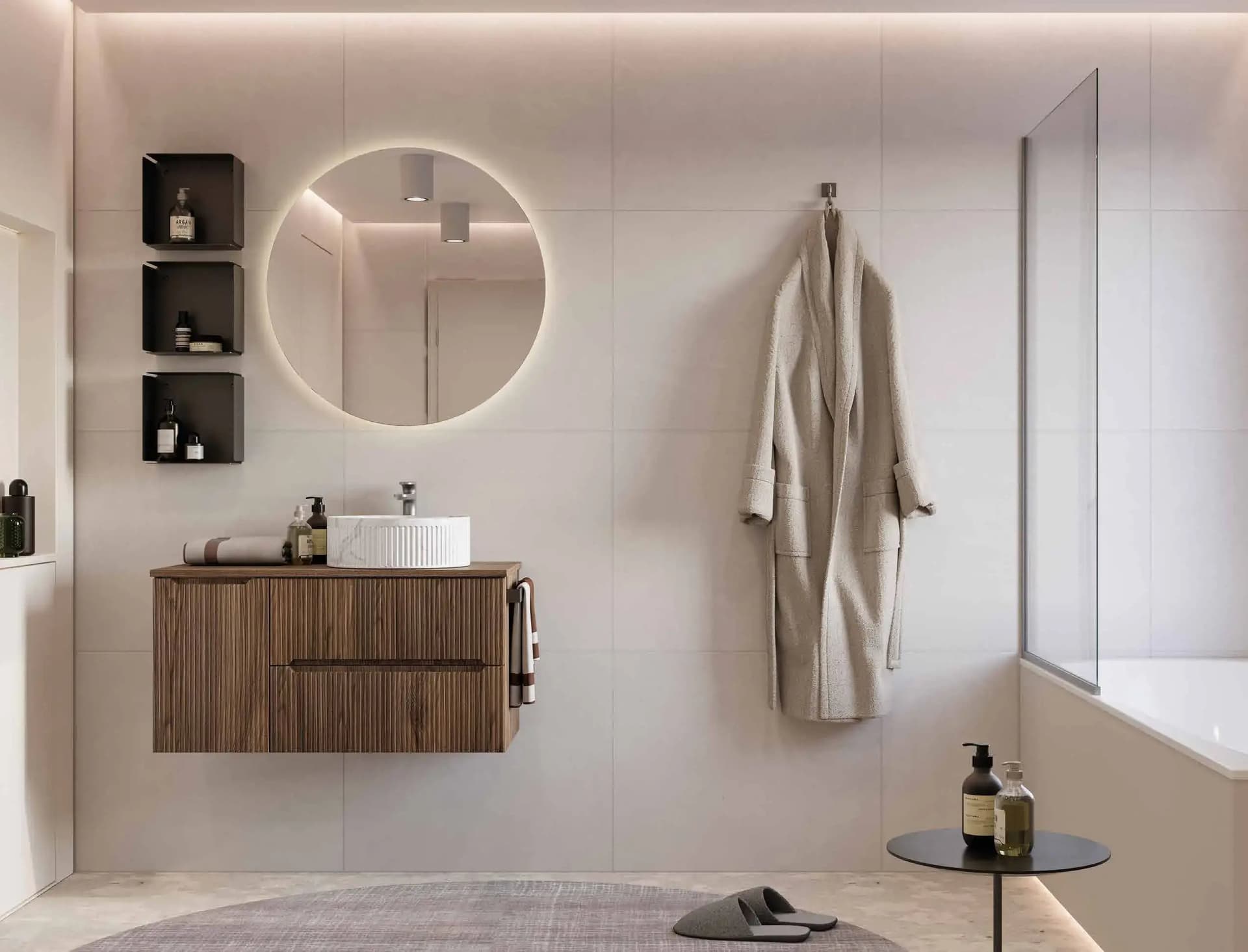 Mobile Bagno Sospeso 90 cm Noce Bruno con Lavabo Effetto Marmo – Verso